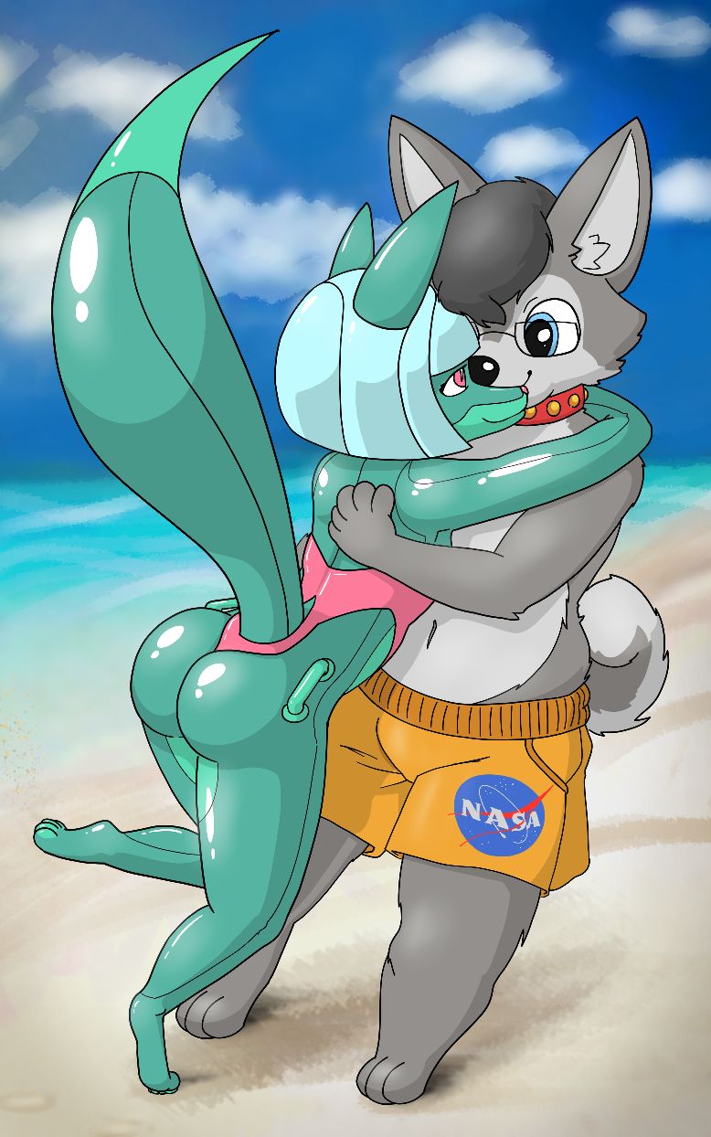 A platonic drawing made by Cosmix depicting my fursona Jenika and my friend Axels fursona hugging on the beach.
Jenika is wearing her pink leotard corset while Axel are wearing orange swim shorts sporting a colored NASA logo.
The art style is more chibi and perspective allows you to see Jenika from behind while Axel leans back from the hug, almost as if Jenika will cause them both to topple over all cute.